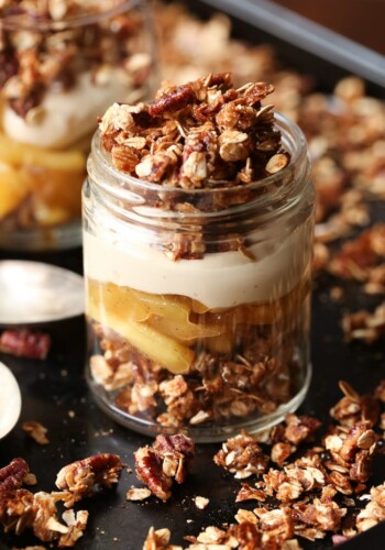 Individual Apple Crisp Trifles. This Trifle Includes a Crunchy Praline Crisp, Autumn Apples, and Brown Sugar Cream Cheese Filling.