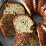 Sliced banana pound cake on a plate.