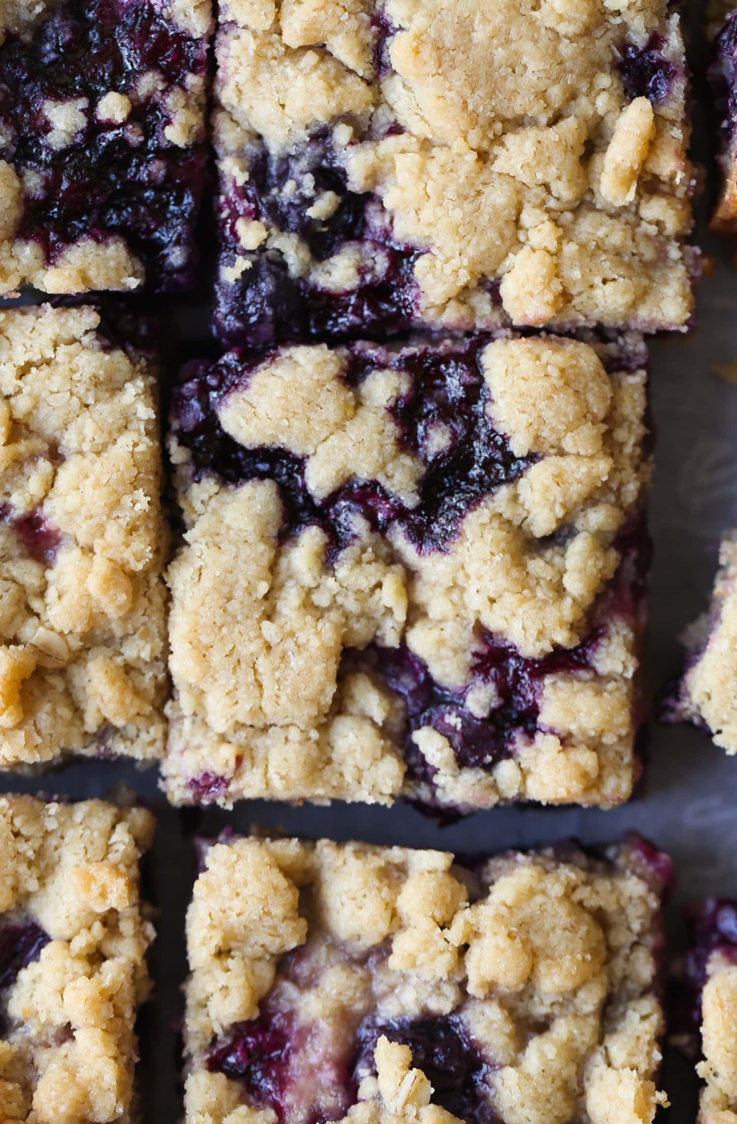 Crumble topping on blueberry bars close up