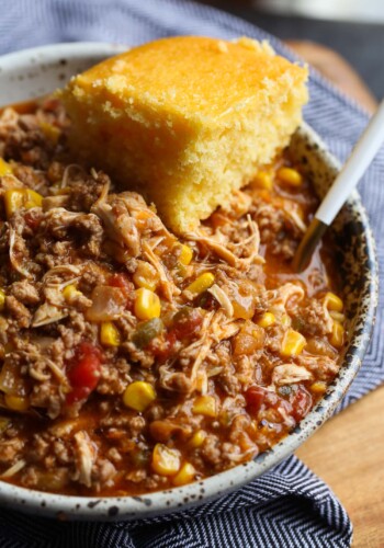 Chicken, pork, and beef stew with cornbread.