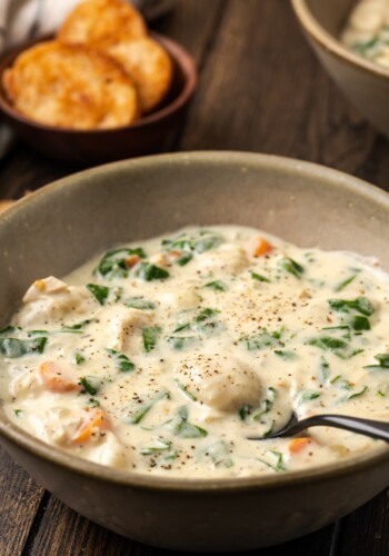 A bowl of chicken gnocchi soup with a spoon.