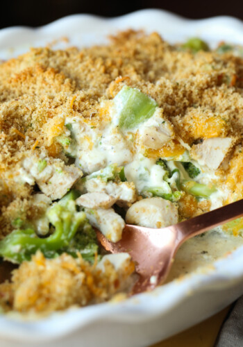 Chicken Divan casserole in a white baking dish.