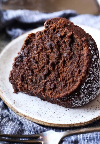 A Slice of Chocolate Pound Cake on a Plate