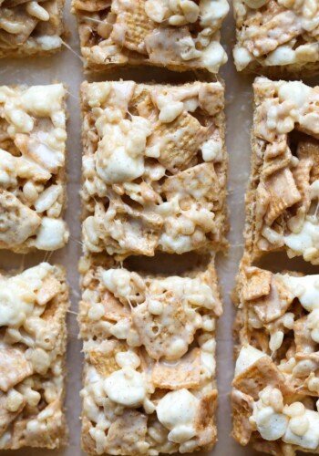 Cinnamon Toast Crunch Krispie Treats cut on a plate from above