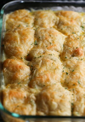 Cheesy Chicken Crescent Bake in a glass baking dish.