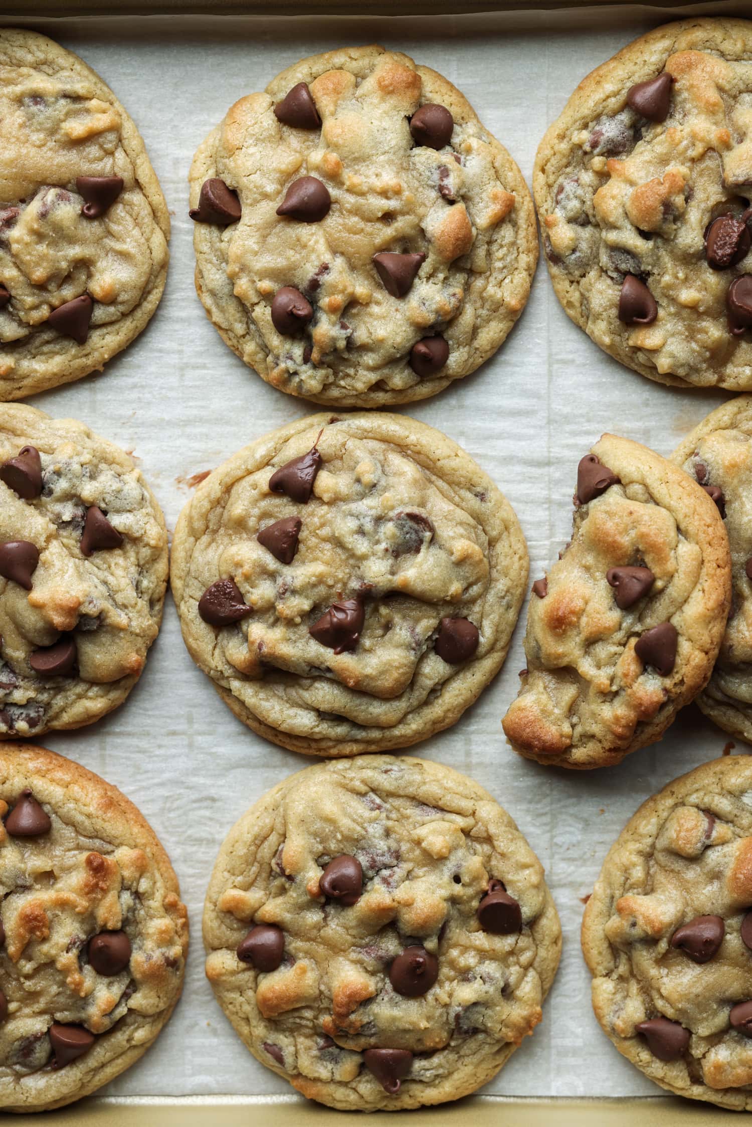 Chocolate Chip Cookies from above on a baking sheet