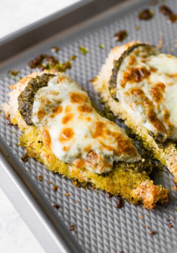 Pesto Chicken topped with mozzarella cheese