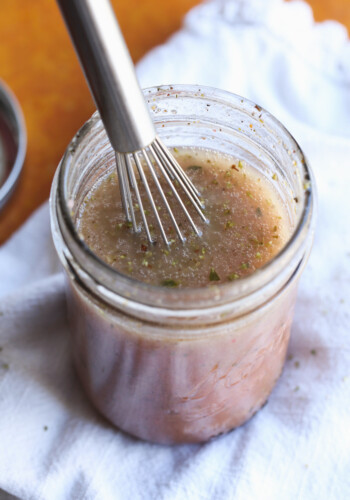 Greek Salad Dressing is an easy vinaigrette that is good on salads, sandwiches, or as a marinade!