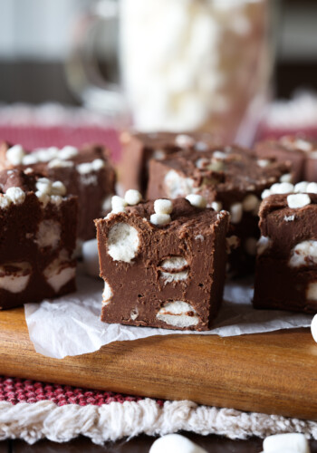 Hot Chocolate Fudge cut into pieces on a cutting board