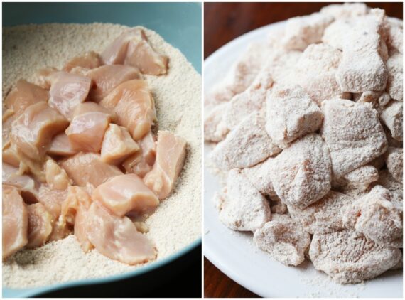 Breading chicken chunks to fry