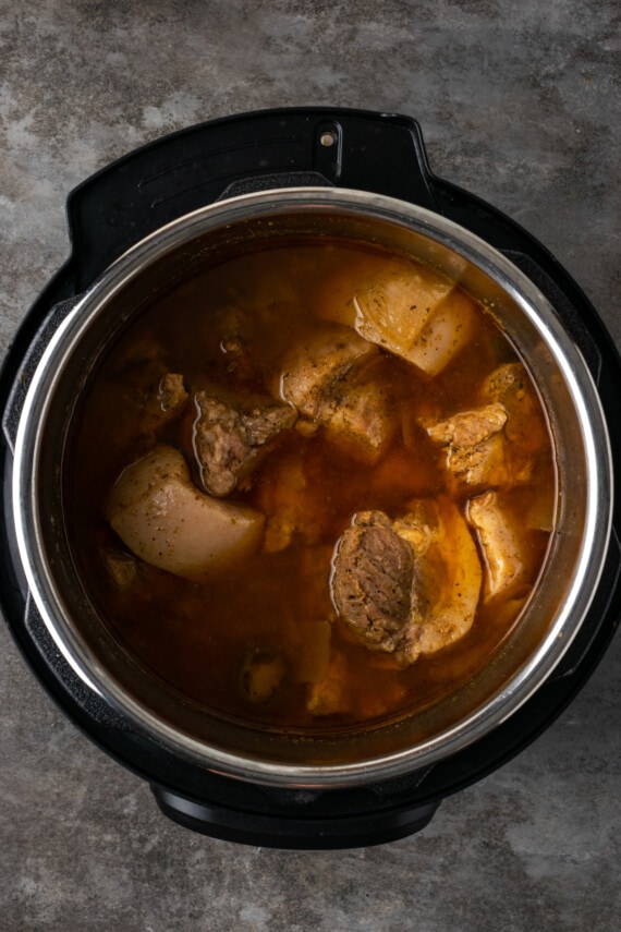 Pressure cooked pork roast inside the instant pot.