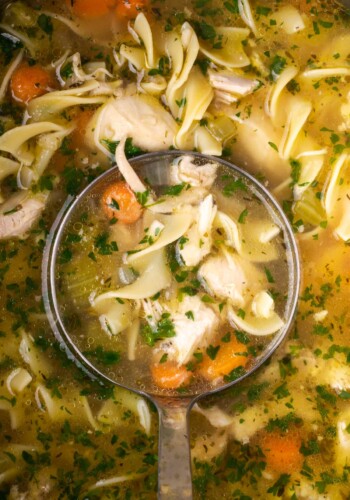 Close up overhead view of a ladle dipped into a pot of Instant Pot chicken noodle soup.