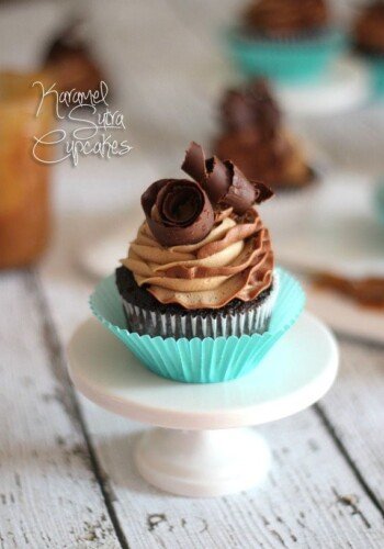 Devils Food Cake Cupcakes with Caramel Filling and Chocolate and Caramel Swirled Frosting (aka Karamel Sutra Cupcakes) | Cookies and Cups
