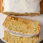 Overhead view of slices cut from a glazed lemon pound cake.