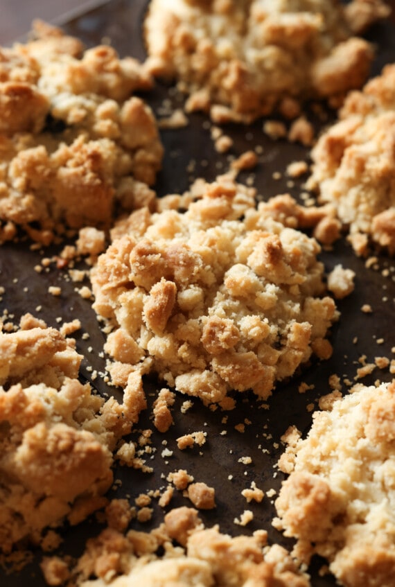 streusel topping baked onto muffins in a muffin tin