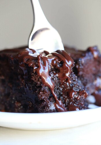 Slice of chocolate earthquake cake on a plate.