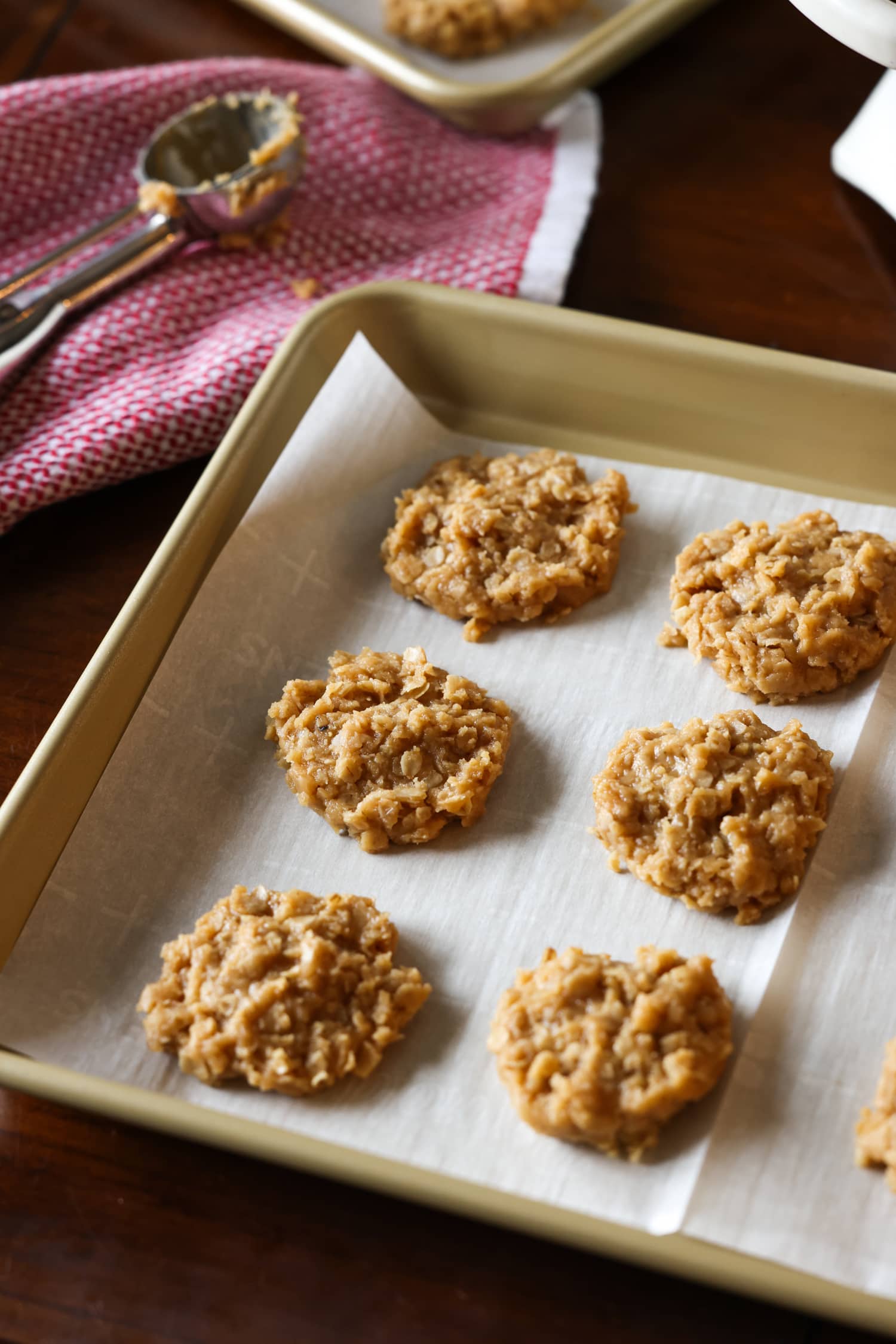 no bake cookies on pachment paper lined baking sheet