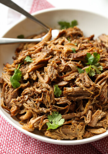 Pork Carnitas on a plate garnished with cilantro