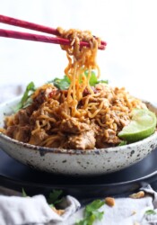 Pork Ramen Noodles in a bowl being eaten