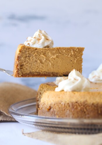 Sliced Pumpkin Cheesecake on a platter