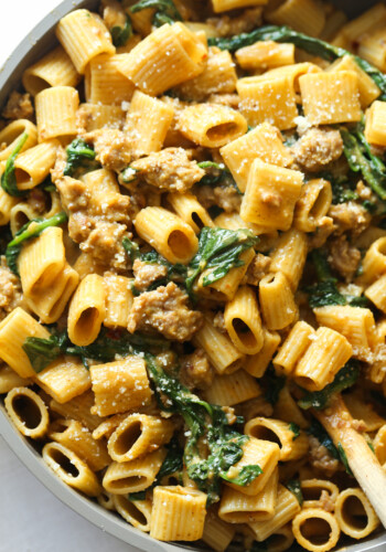 A bowl of pumpkin sausage pasta.