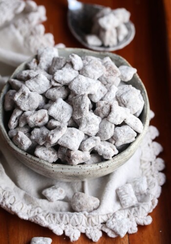 Puppy Chow Snack MIx in a bowl