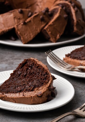 A slice of ridiculous chocolate cake on a white plate, with the rest of the cake in the background.