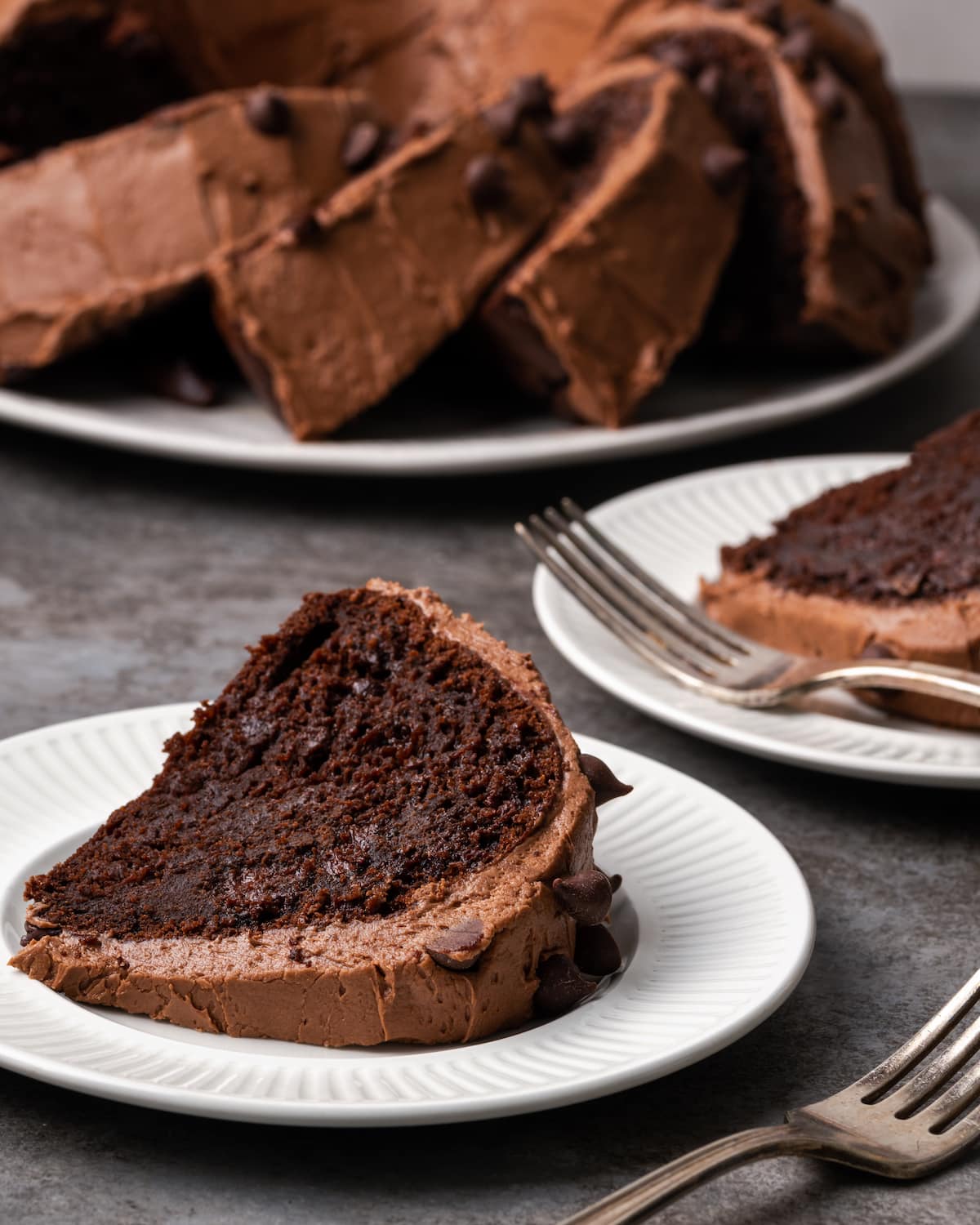 A slice of ridiculous chocolate cake on a white plate, with the rest of the cake in the background.