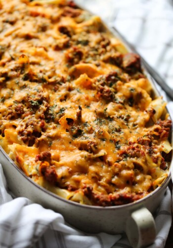 Sour cream noodle bake in a casserole dish.