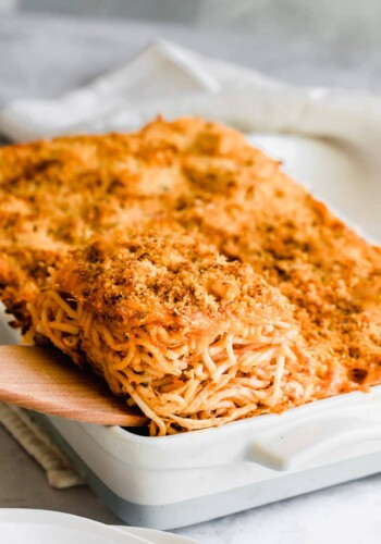 Spaghetti Chicken Casserole in a 9x13 baking dish.