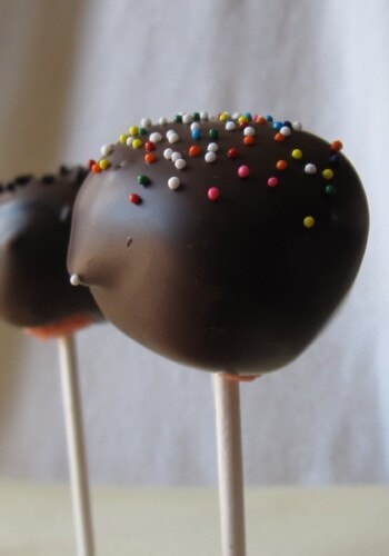 Four chocolate covered strawberry cake pops standing up with a white sheet behind them