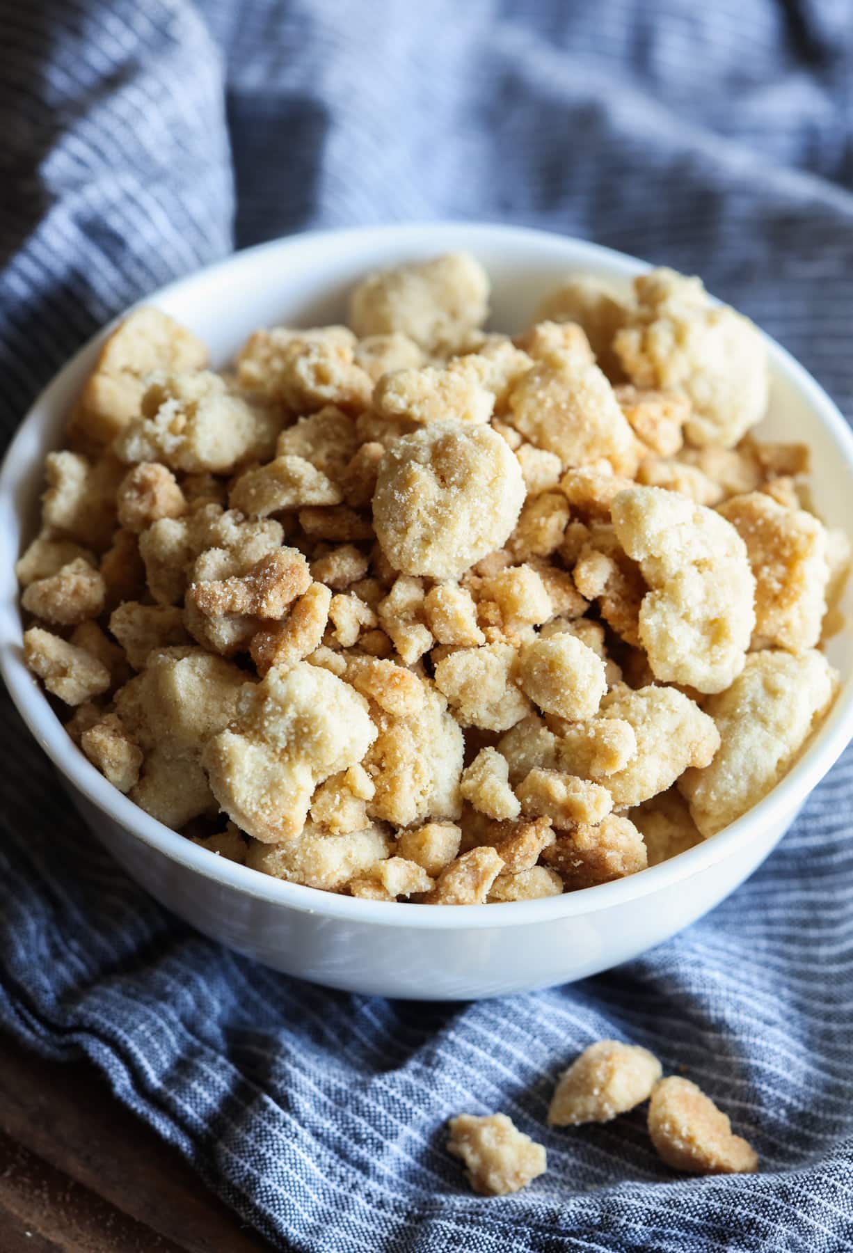 Baked streusel topping in a bowl