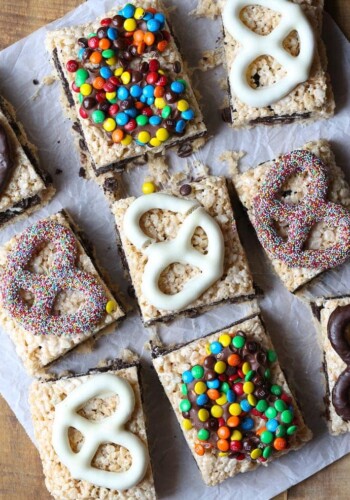 These Trashy Treats are OUTRAGEOUS! You have a cookie dough, Oreo stuffed krispie treat topped with chocolate covered pretzels. A literal mouthful!